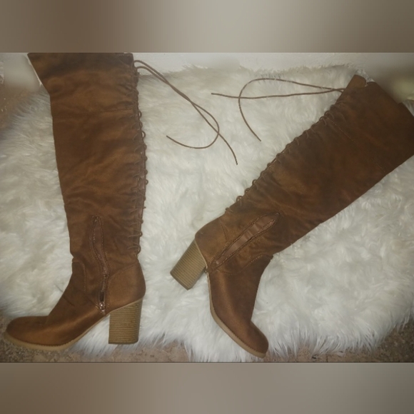 Soda Women tan cognac brown lace up high knee block heeled boots - Picture 6 of 15